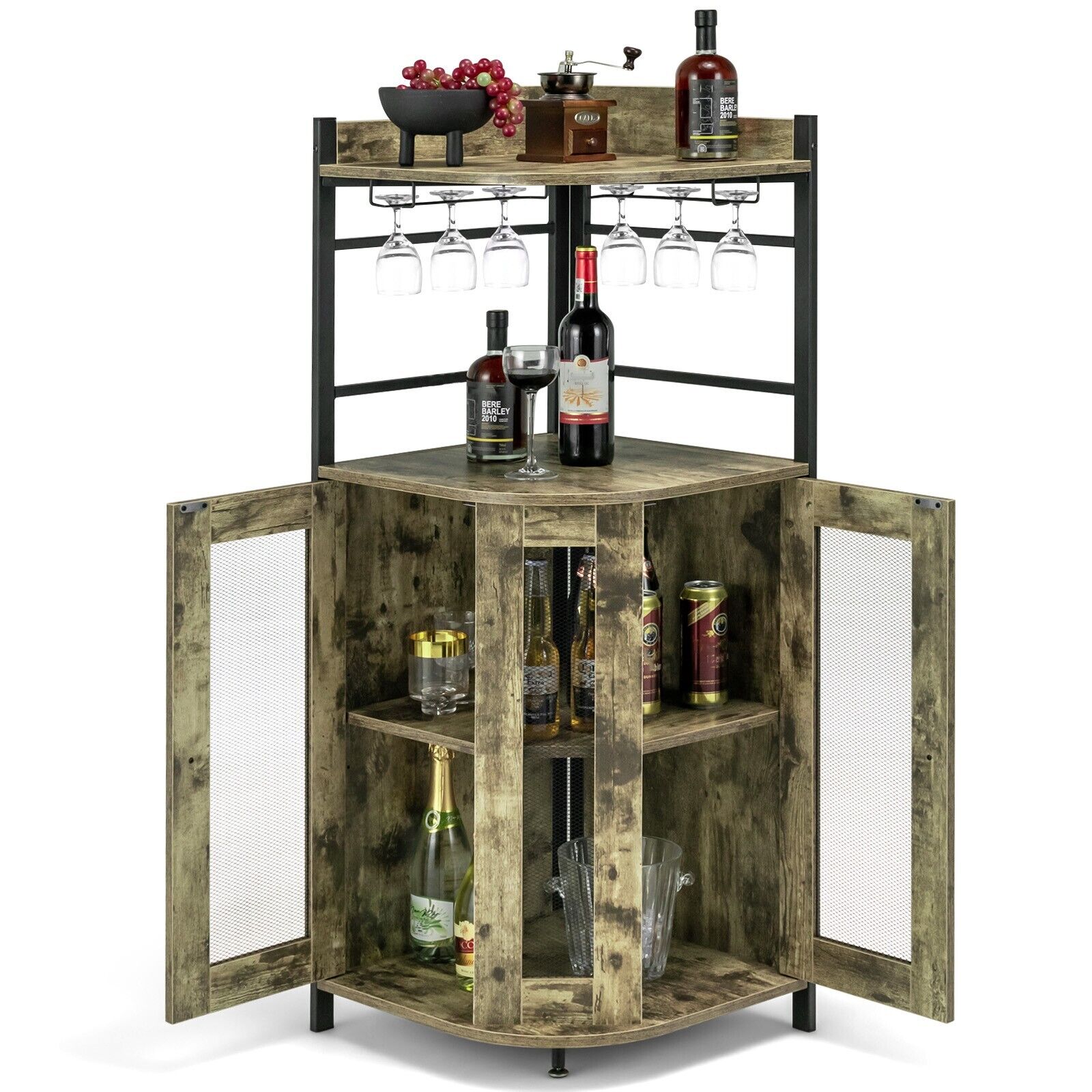 GOFLAME Corner Bar Cabinet Industrial Wine Buffet Cabinet with Glass H ...