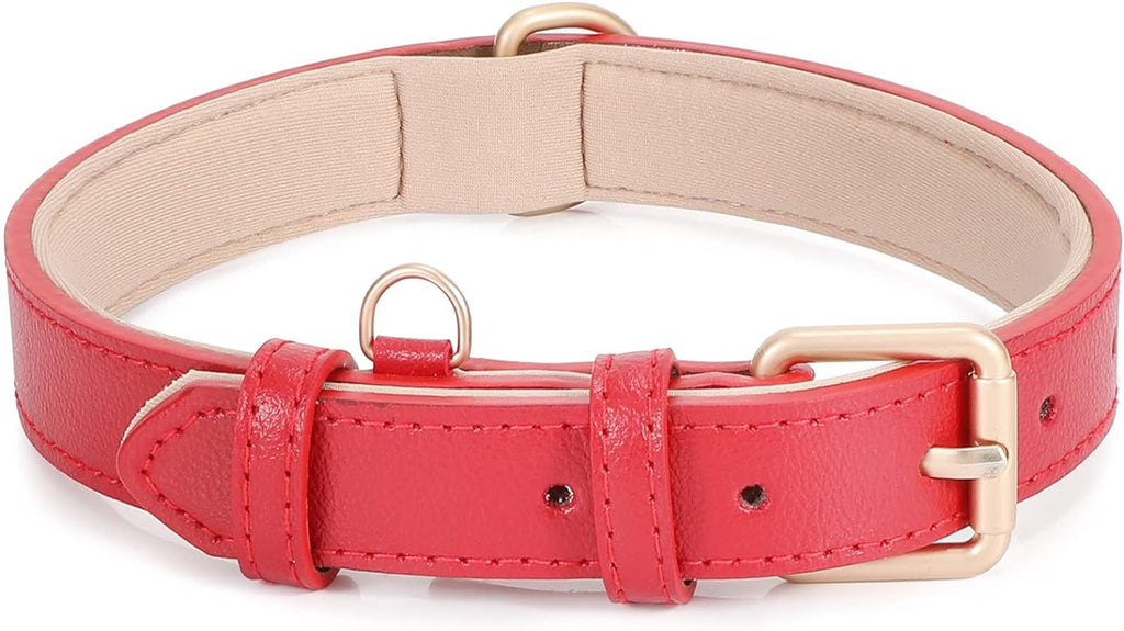 Leather Dog Collar Adjustable Soft Real Leather Padded Collar Heavy Duty (C-Red)