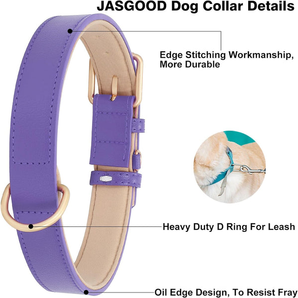 Leather Dog Collar Adjustable Soft Leather Padded Collar Heavy Duty (Purple)