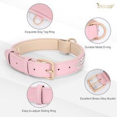 Leather Padded Dog Collar Adjustable Diamond-Studded Pet Collar (Rhinestone Pink)
