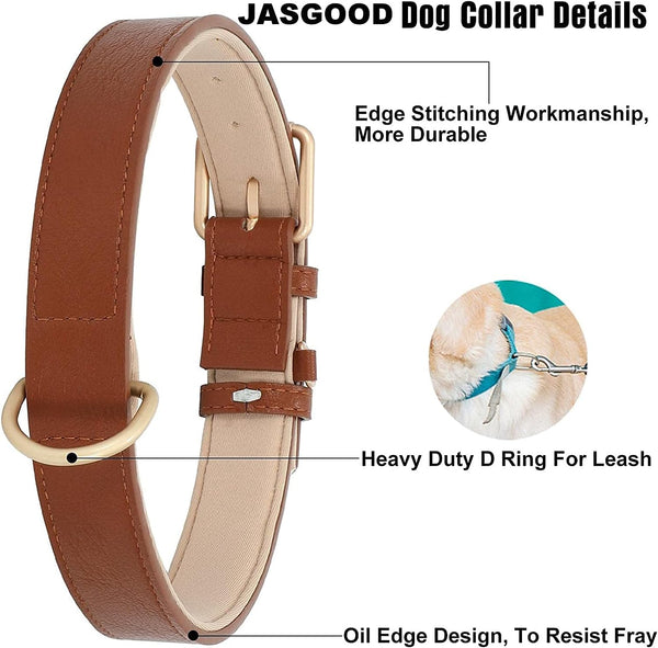 Leather Dog Collar Adjustable Soft Leather Padded Collar Heavy Duty (Brown)