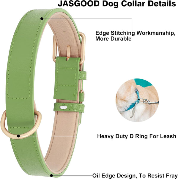 Leather Dog Collar Adjustable Soft Leather Padded Collar Heavy Duty (Green)