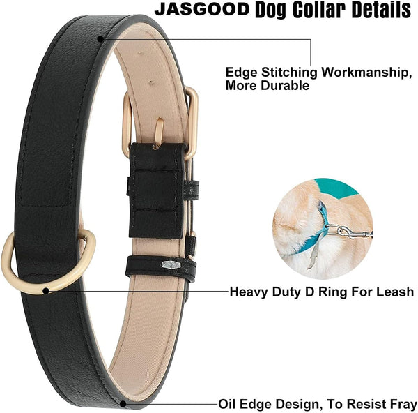 Leather Dog Collar Adjustable Soft Leather Padded Collar Heavy Duty (Black)