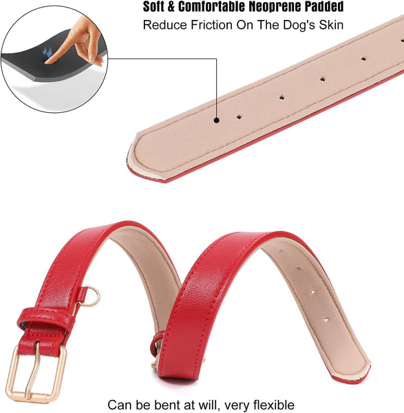 Leather Dog Collar Adjustable Soft Real Leather Padded Collar Heavy Duty (C-Red)
