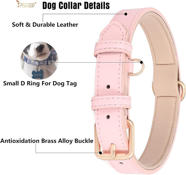 Leather Dog Collar Adjustable Soft Leather Padded Collar Heavy Duty (Pink)