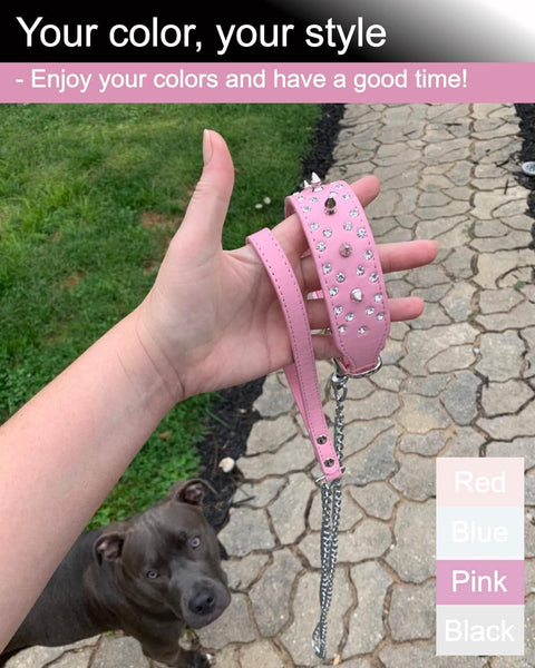 Medium small-sized pet dog chain leash lead with PU leather handle (Pink)