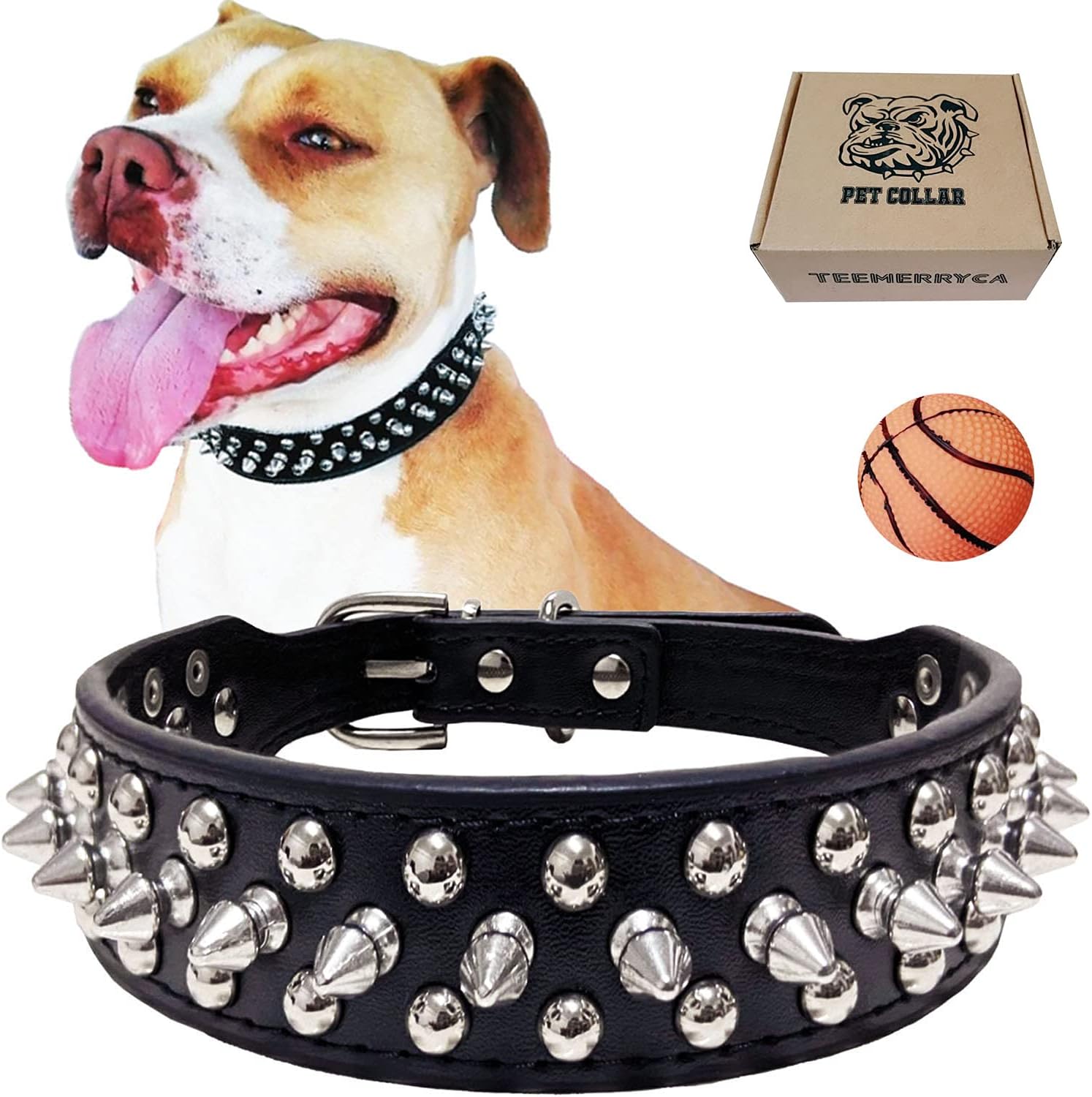 Adjustable Microfiber Leather Spiked Studded Dog Collars with a Squeak Ball Gift for Small Medium Large Pets (15