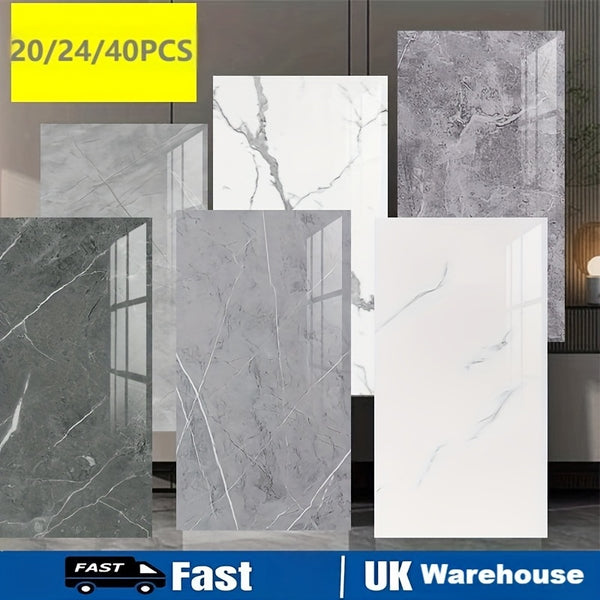 20/24/40pcs Waterproof Self-Adhesive Marble Wall Tile Stickers - Peel & Stick PVC/PE Foam Tiles with Contemporary Straight Puzzle Pattern, Washable & Removable for Bathroom, Kitchen, Living Room Home Decor, Vinyl Stickers Waterproof, Bathroom Renovations,