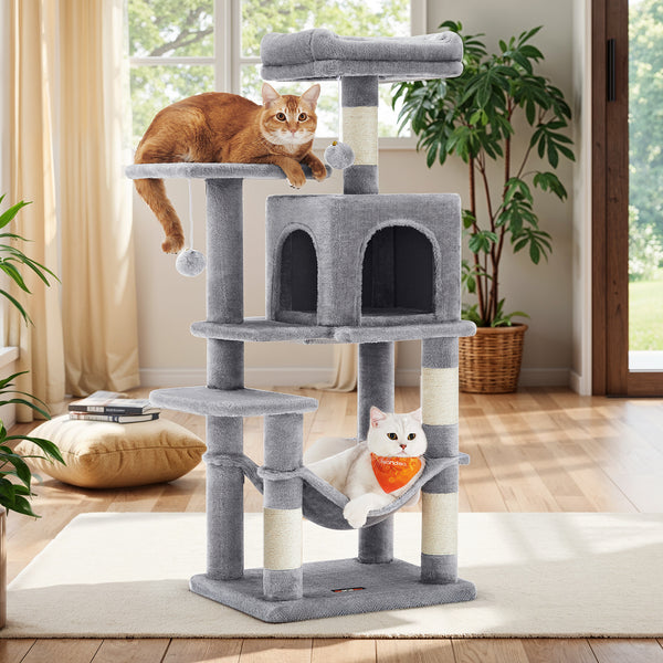 112 cm Cat Tree, Multi-Level Soft Plush Cat Tree, Cat Tower Condo with 4 Cat Scratching Posts, Hammock, Cave, Platform, Toys, Pink/White/Beige/Grey, Easy Assembly and Sturdy, Indoor Cat Furniture