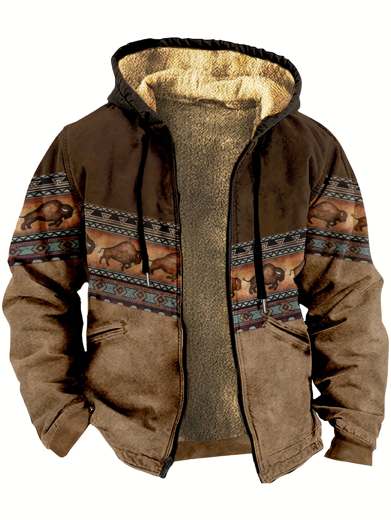 Bohemian Style Men's Autumn/Winter Plaid Vintage -Lined Zip-Up Hooded Sweatshirt