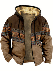 Bohemian Style Men's Autumn/Winter Plaid Vintage -Lined Zip-Up Hooded Sweatshirt