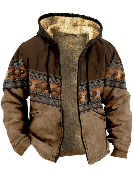 Bohemian Style Men's Autumn/Winter Plaid Vintage -Lined Zip-Up Hooded Sweatshirt