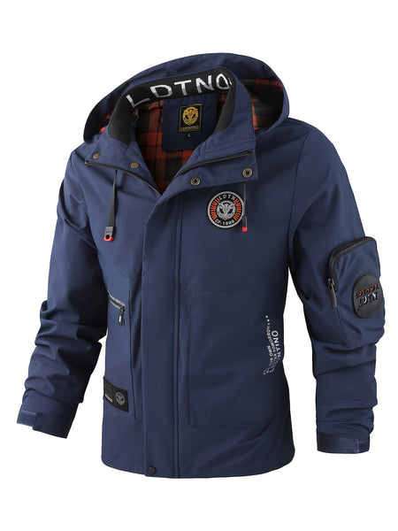 Multiple Pocket Design Men's Embroidery Long Sleeve Zip Up Drawstring Hooded Jacket, Men's Stand Collar Thin Jacket for Spring Outdoor