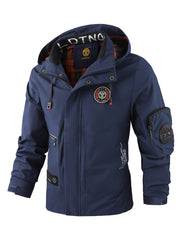 Multiple Pocket Design Men's Embroidery Long Sleeve Zip Up Drawstring Hooded Jacket, Men's Stand Collar Thin Jacket for Spring Outdoor
