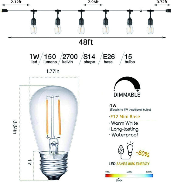 Svater Outdoor String Lights LED 15M, S14 48FT Festoon Lights Mains Powered with 15+1 2W Plastic Bulbs, IP65 Waterproof Garden String Lights for Patio Party Wedding, 2700K Warm White