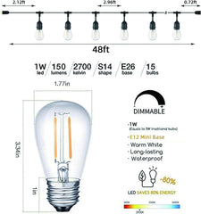 Svater Outdoor String Lights LED 15M, S14 48FT Festoon Lights Mains Powered with 15+1 2W Plastic Bulbs, IP65 Waterproof Garden String Lights for Patio Party Wedding, 2700K Warm White