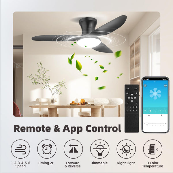 Modern Ceiling Fan Light with Remote Control - Dimmable Fixture, 6-Speed Adjustable Fan & 3-Tier Color Temperature (3000K/4500K/6500K), Timer, Suitable for, Semi-Recessed Installation, Bohemian Style Ceiling Light with Fan