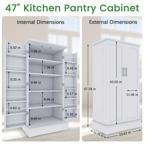 Modern White Wooden Kitchen Pantry Cabinet with Doors & Adjustable Shelves – Spacious Storage Organizer for Dishes, Utensils, and Food in the Kitchen, Living Room, or Dining Area, Kitchen Organizers And Storage