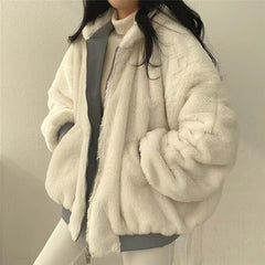 Women's Winter Double-Sided Plush Padded Jacket with Hood & Pockets - Thickened Lamb Outer Coat, Zipper Closure, Solid Color Casual Sweater for Cold Weather (No elastic fabric)