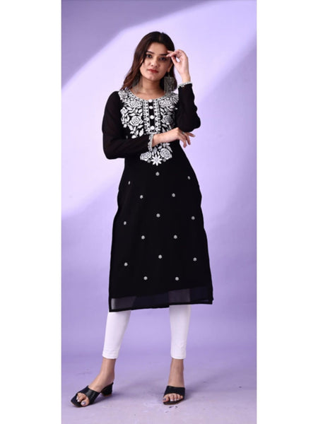Estationeryhouse Women's Georgette Lucknowi chikankari kurti, Rose Design with Heavy Embroidery, Without Bottom