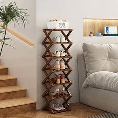 4/5/6/7 Tiers Bamboo Wooden Shoe Rack, Vertical Shoe Racks Storage Shelves Tall Shoe Tower, Collapsible Narrow Shoe Stand, Installation Free Folding X-Shape Shoe Racks Sneakers Slippers Holder Organizer, Multi Functional Shoe Rack Durable Footwear Cabinet
