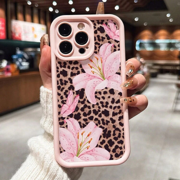 Phone Case: Cute Pink Lily and Leopard Print Design Matte Anti-drop Phone Case, Suitable for iPhone 17 Pro Max/17/Air, 16 Pro/16/15 Plus/15 Pro/14 Plus/14 Pro Max, 14/13/12/11 Pro Max/Pro/Plus Series, Anti-drop Luxury Simple Protection Shockproof