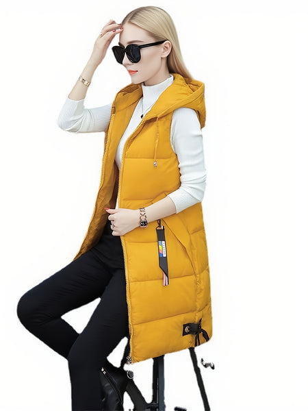 Women's Elegant Sleeveless long vest - Winter Warm Coat, Zipper Closure Front, Loose Fit Non-Stretch Outerwear, Sophisticated Formal & Everyday Chic Outerwear for Fall/Winter Seasons, Cold Weather Wear, Modern Aesthetic, Durable Construction, Casual Wear