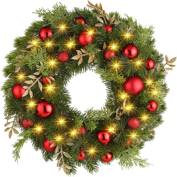 Christmas Wreath, 40Cm/16Inch Battery Powered Christmas Door Wreaths with 40Leds, Artificial Xmas Wreaths with Timer Function 8 Modes for Front Door Fireplace Festival Wall Decoration