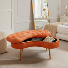 Modern Creative Curved Design Upholstered Storage Bench, Shoe Changing Bench At The Entrance, Living Room Sofa Bench, Bedside Bench in The Bedroom, Large-capacity Storage Long Bench with Natural Wood Legs, Suitable for Entrance, Living Room, and Bedroom,