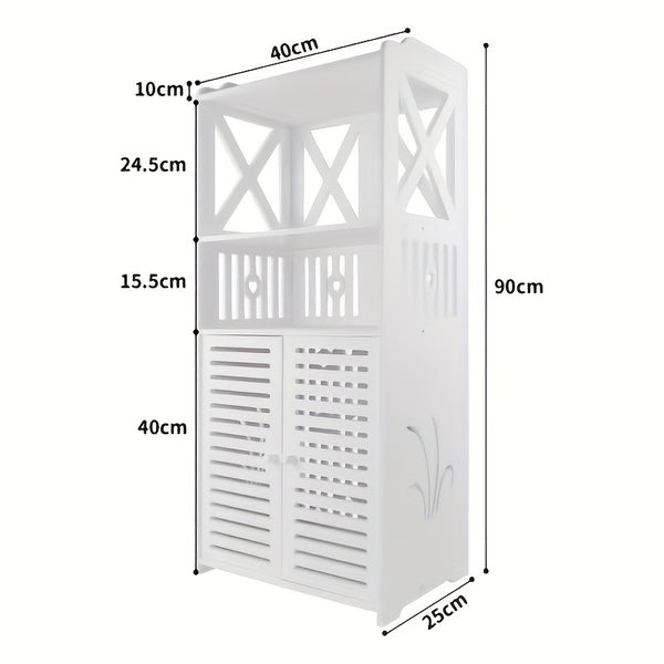 Bathroom Floor Cabinet Shelf FreeStanding Bathroom Storage Unit with Daily Use Layer And Cupboard Double Door, Multi-purpose PVC Cabinet for Store Toilet Paper, Shampoo, White 40x 25x 90cm