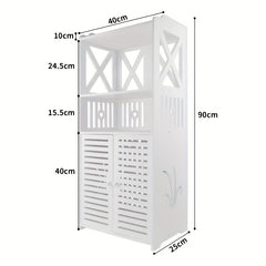 Bathroom Floor Cabinet Shelf FreeStanding Bathroom Storage Unit with Daily Use Layer And Cupboard Double Door, Multi-purpose PVC Cabinet for Store Toilet Paper, Shampoo, White 40x 25x 90cm
