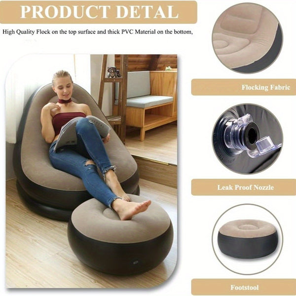 59-Inch Inflatable Lounge Chair Designed for Adults, a Portable Lazy Sofa Complete with a Footstool. This Flocked Recliner Is Perfect for Both Indoor And Outdoor Use