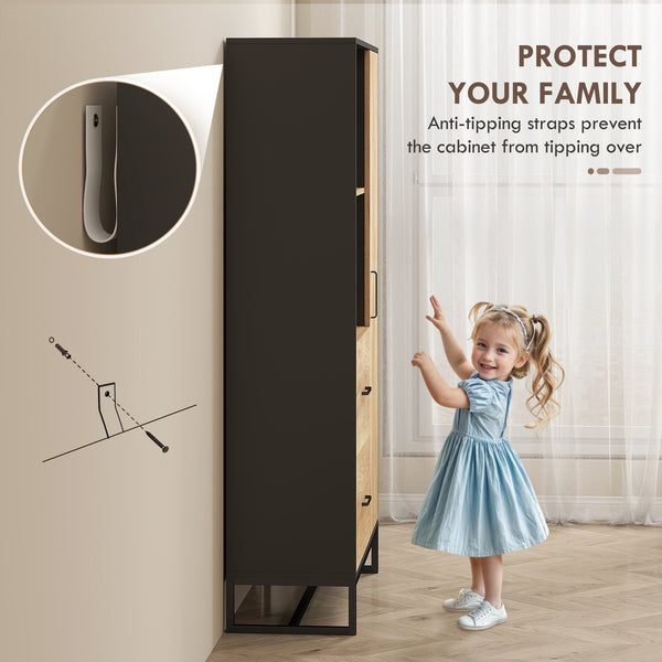 160cm Tall Kitchen Cupboard, Kitchen Pantry Sideboard with 2 Open Shelves, 2 Drawers, Adjustable Shelves and Soft Close Door, Storage Cabinet for Living Room, Dinning Room, Natural Wood Finish