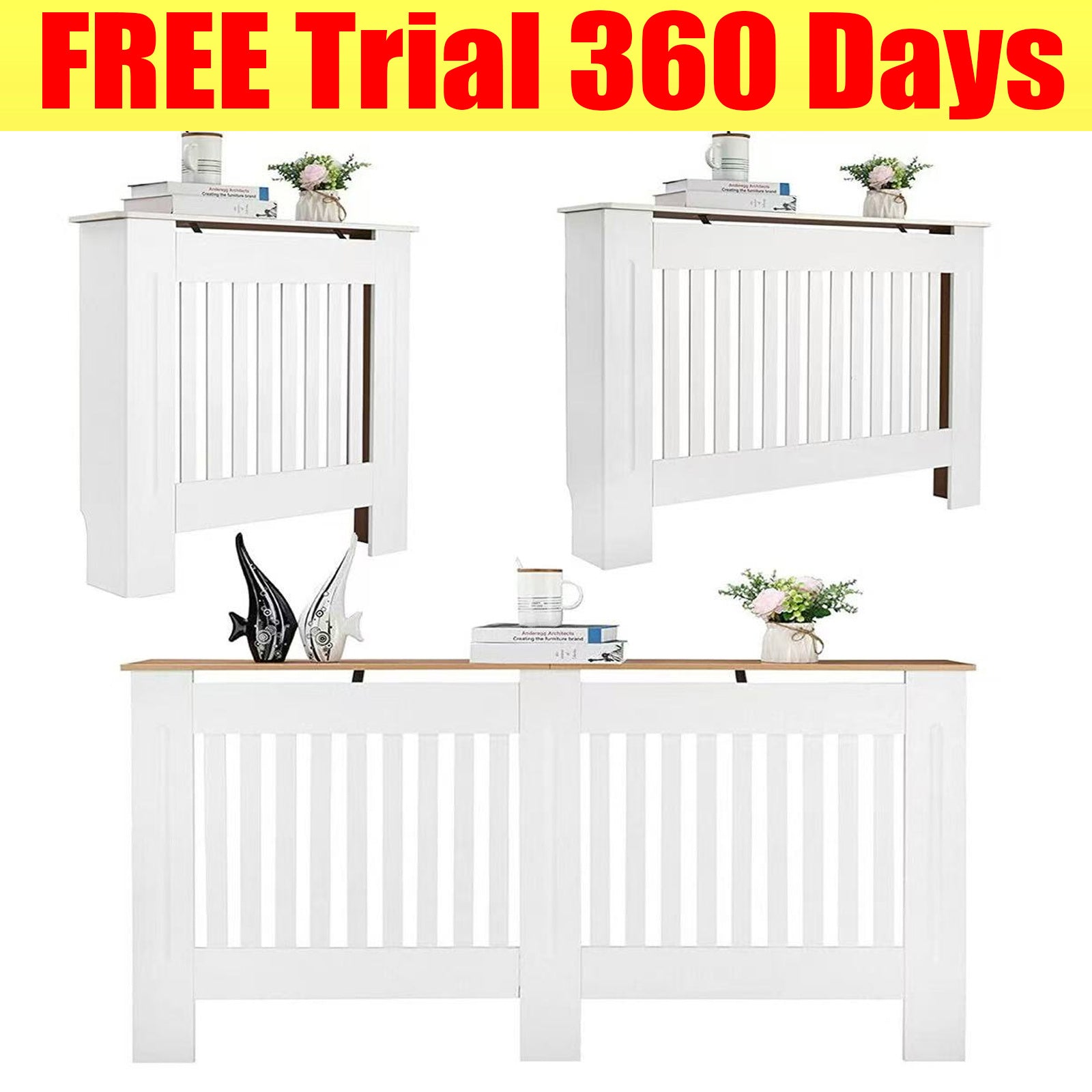 Radiator Cover Cabinet Large Small Wooden Radiator Cover, White Wood Painted MDF Cabinet Heater Cover Cabinet, Slats, Grill, Wood Top Shelf Easy Assembly for Living Room, Hallway, Bedroom Decoration