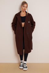 Women's Classy Solid Color Double Breasted Detachable Belted Pocket Pea Coat, Lapel Neck Long Sleeve Outerwear for Fall & Winter