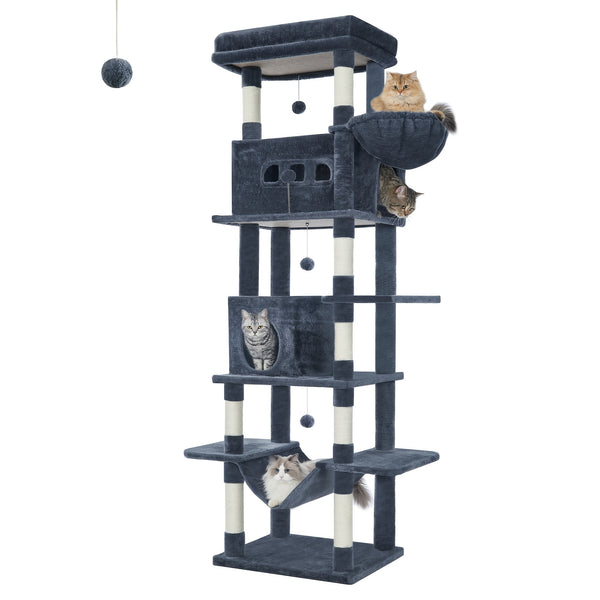 Cat Tree for Indoor Cats, 210cm Large Tall Cat Tower, Multi-Level Cats House with Condo, 8 Scratching Posts, Hammock, 4 Pom Poms