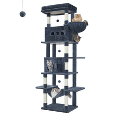 Cat Tree for Indoor Cats, 210cm Large Tall Cat Tower, Multi-Level Cats House with Condo, 8 Scratching Posts, Hammock, 4 Pom Poms