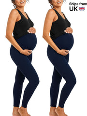 2pcs Women'S Cotton Maternity Leggings Over Bump | High Waist Pregnancy Yoga Pants | Super Soft & Stretchy Buttery Feel | Ankle Length Support Trousers for Expecting Mothers | UK Sizes 8-22 | Plus Size Comfortable Everyday Wear