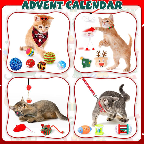 Izoel Cat Advent Calendar 2025 Christmas Interactive Toys for Indoor Christmas Gifts Collars Bow Tie Feather Toys Fish Fake Mouse Bell Balls for Cat Lover Gifts