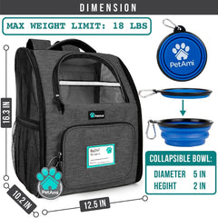 Petami Dog Backpack Carrier for Small Large Cat, Pet, Puppies, Ventilated Pet Hiking Backpack Travel Bag, Airline Approved Cat Backpack Carrier, Safety Back Support, Camping Biking Dog Bag, Charcoal