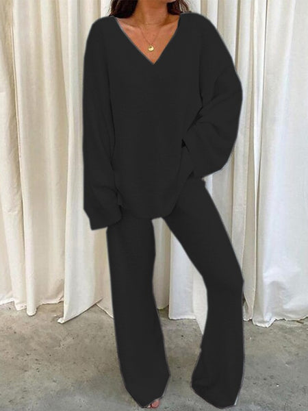 Women'S Winter Cozy Solid Color V-Neck 2pcs Casual Set - Soft Warm Outfits for Home Relaxation, Weekend Streaming & Cozy Friend Gatherings, Lounge Set, Casual Wear, Relaxed Fit, Vneck Design, Breathable Material, Comfortable Fabric, Twopiece Outfit, Women