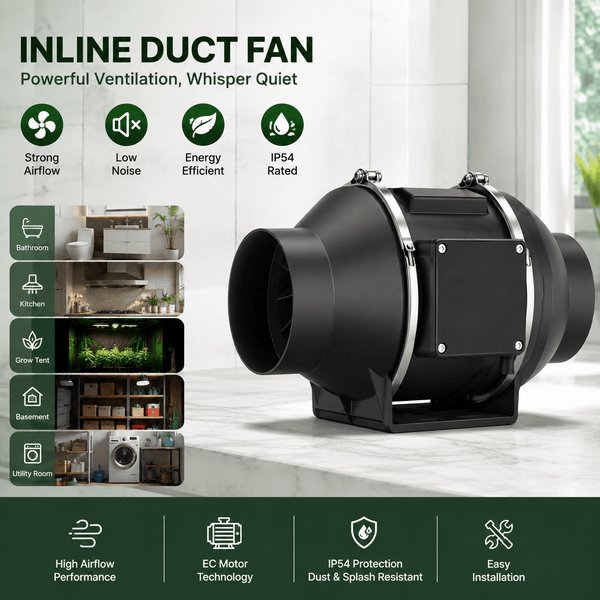 Inline Duct Fan with EC Motor, IP54 Ventilation & Extractor Fan, Low Noise for Bathroom, Kitchen, Grow Tent & Basement