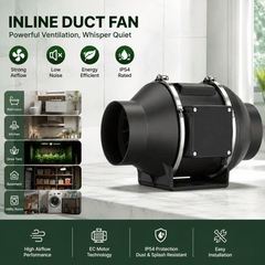 Inline Duct Fan with EC Motor, IP54 Ventilation & Extractor Fan, Low Noise for Bathroom, Kitchen, Grow Tent & Basement