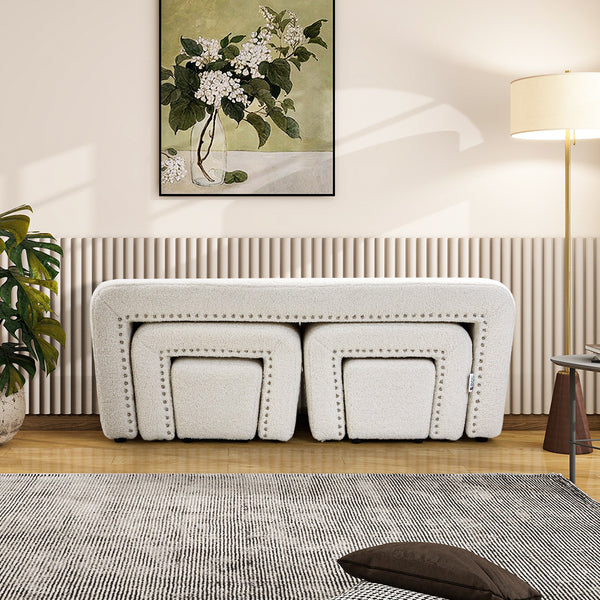 Boucle Fabric Bed End Stool 5-piece Set, Leisure Changing Shoes Stool, 5 Combination Stools, Sofa Footrest, Soft and Comfortable Bedside Bench, Suitable for Living Room Bedroom Rest Room