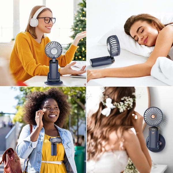 Handheld Fan Portable,Up to 13 Hrs 20DB Quiet Mini USB Rechargeable Hand Held Fans with Lanyard and Base, Battery Operated Electric Foldable Small Desk Fan with 5 Speed for Home Office Travel