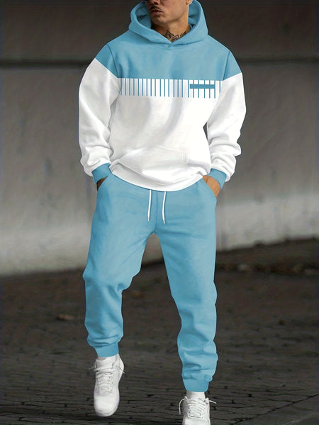 Men'S Fall Winter Striped Print Patchwork Contrast Hoodie And Joggers