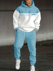 Men'S Fall Winter Striped Print Patchwork Contrast Hoodie And Joggers