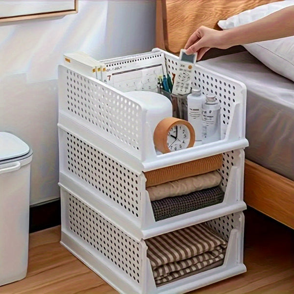 4 Pack Stackable Folding Clothing Storage Basket Drawers Wardrobe Closet Organizer Plastic Clothes Partition Shelf Stackable Hamper Bathroom, Bedroom, Office
