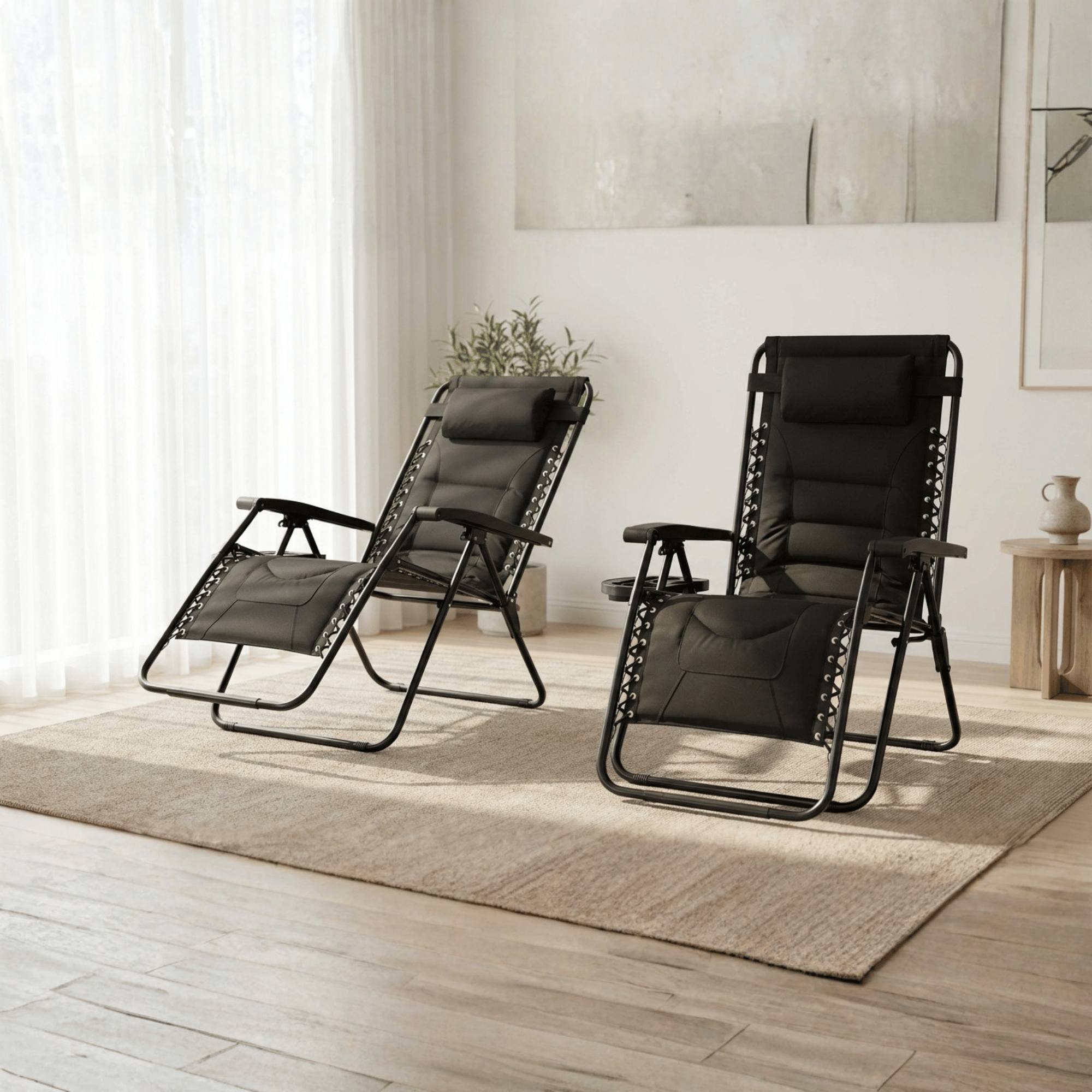 Ultimate Outdoor Lounge Chairs – Set of 2, XXL Padded Folding Zero Gravity Recliners with Cup Tray & Adjustable Headrest, 160° Lockable Patio & Camping Chairs