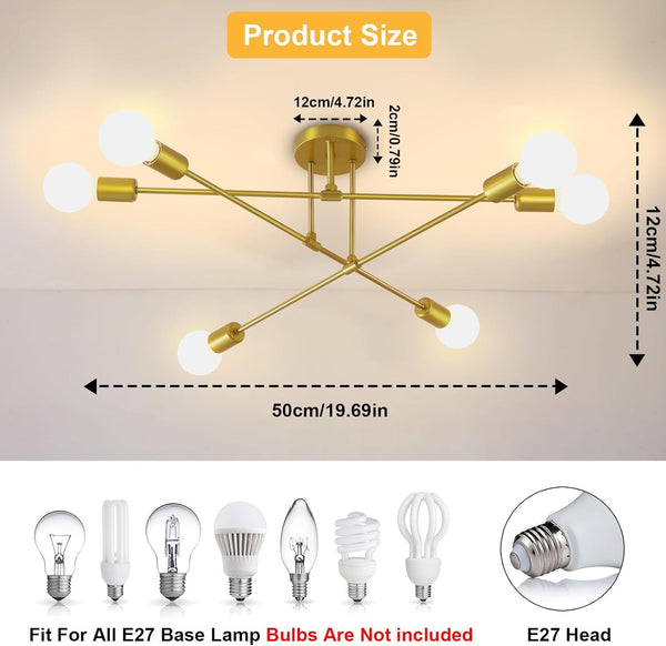 6-Light Modern Gold Sputnik Chandelier, Industrial Semi Flush Mount Ceiling Light Fixture, E27 Hardwired Metal Lamp for Living Room Dining Room